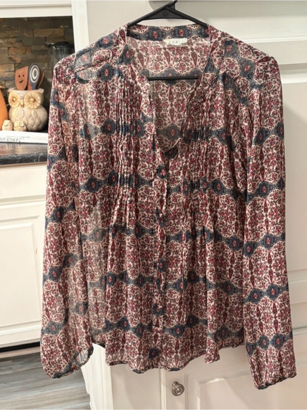 Kori Burgundy and Navy Printed Button-Front Blouse